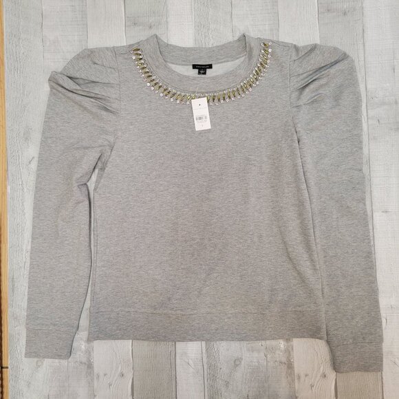 Ann Taylor Embellished Gray Sweatshirt With Gemstone Neckline Small NWT - Picture 2 of 11